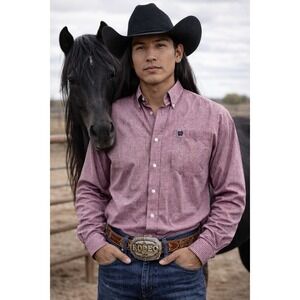 CINCH Button Down Shirt Medium  Plaid Western Cowboy Rodeo red white Gray